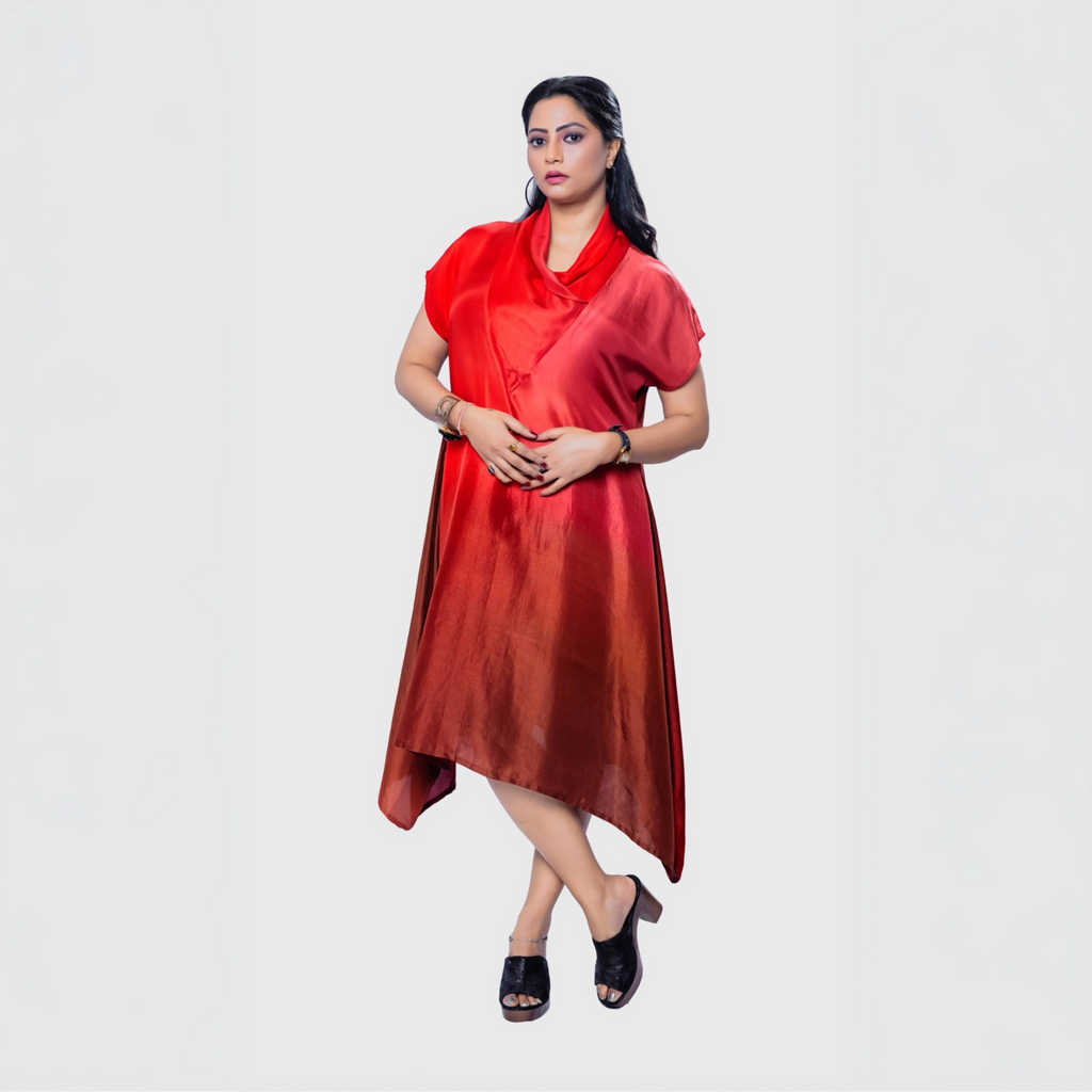Elegant red premium cocktail dress Dubai with a stylish asymmetrical hem and relaxed fit