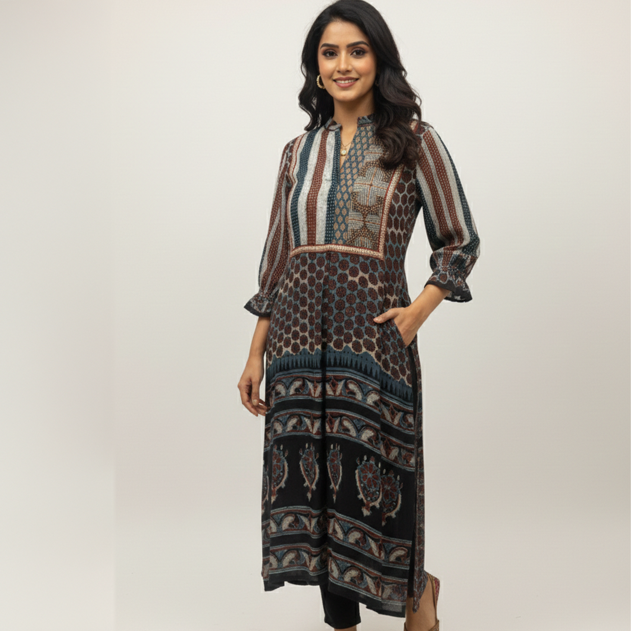 Riva Ajrakh printed kurti in black with unique patterns, made of comfortable fabric for modern style