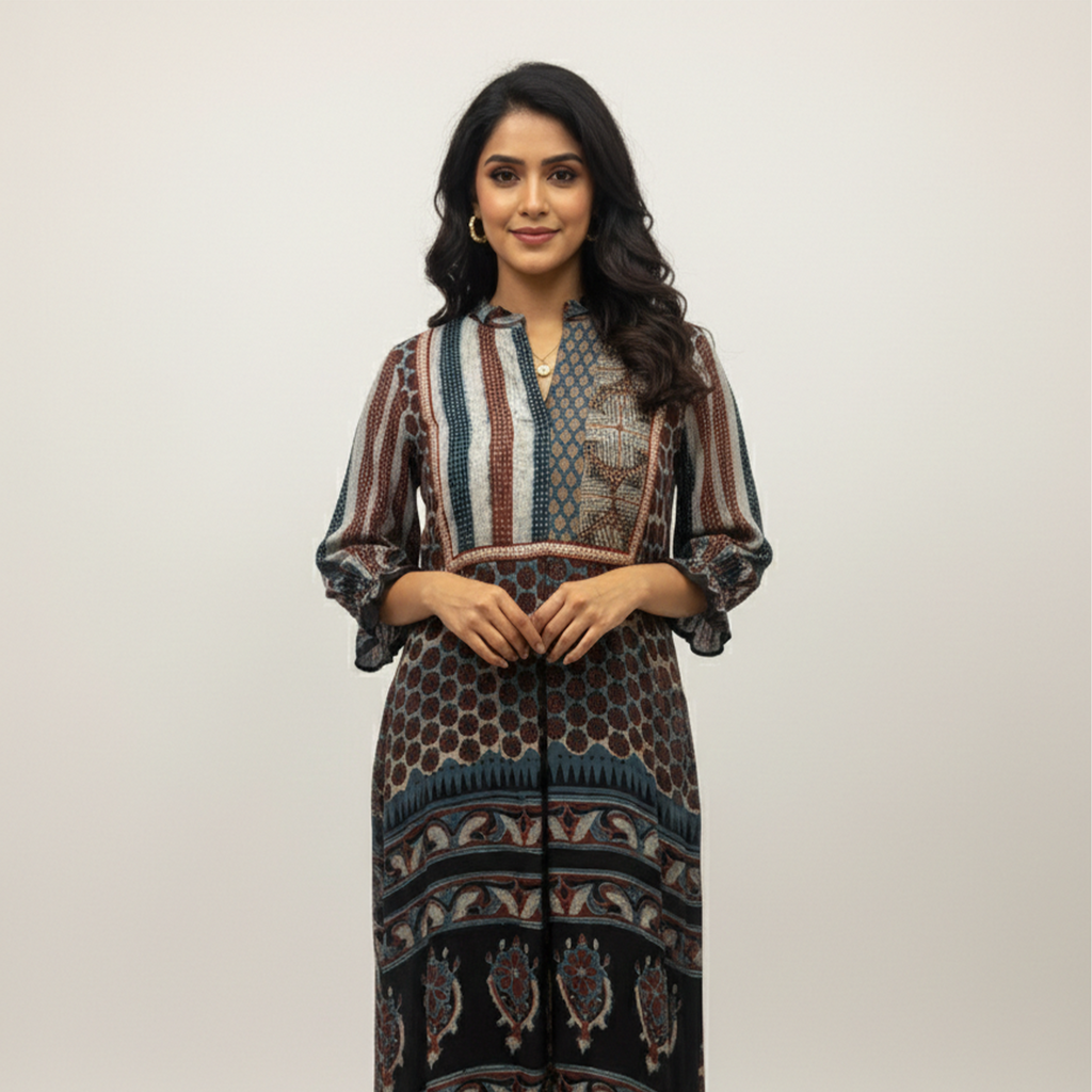 My Store Riva Ajrakh printed kurti in multi-color cotton with elegant floral design and three-quarter sleeves