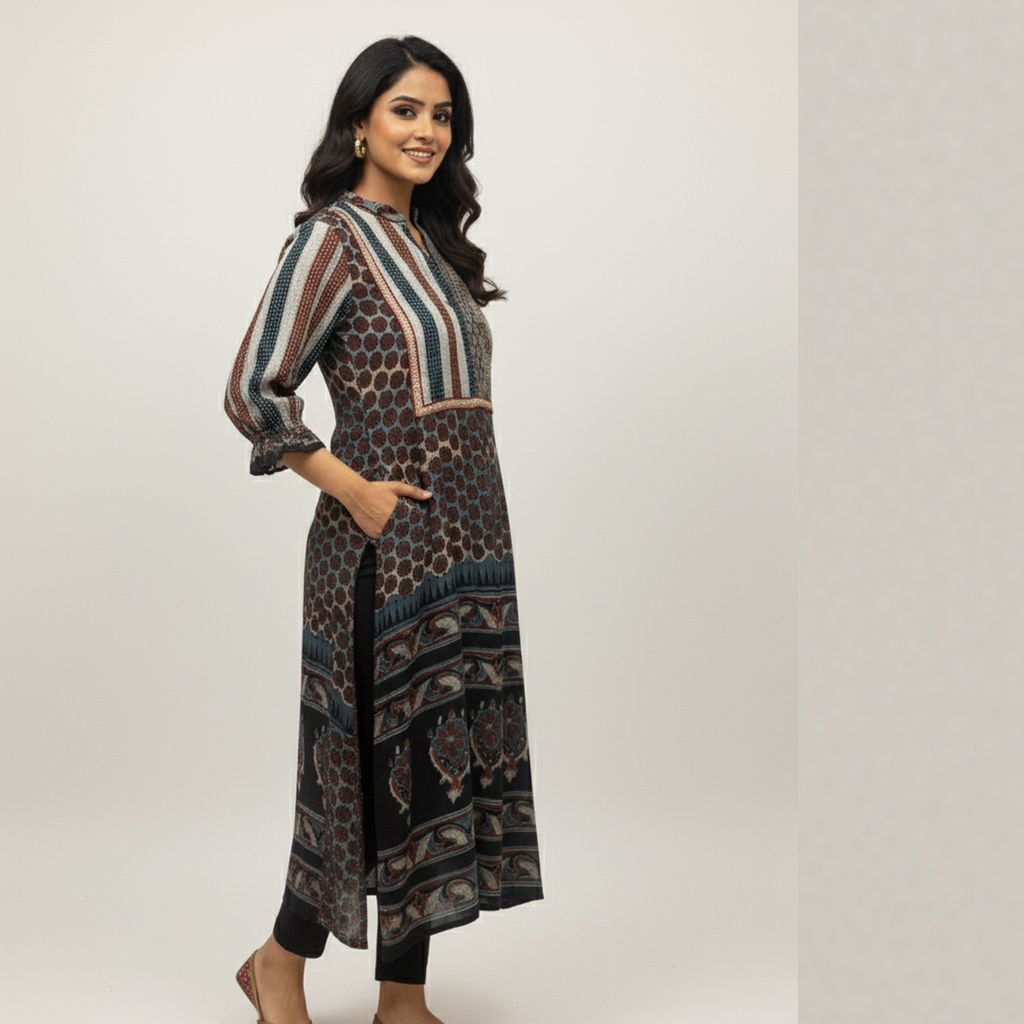 My Store Riva Ajrakh printed kurti in multicolor cotton fabric with elegant side pockets