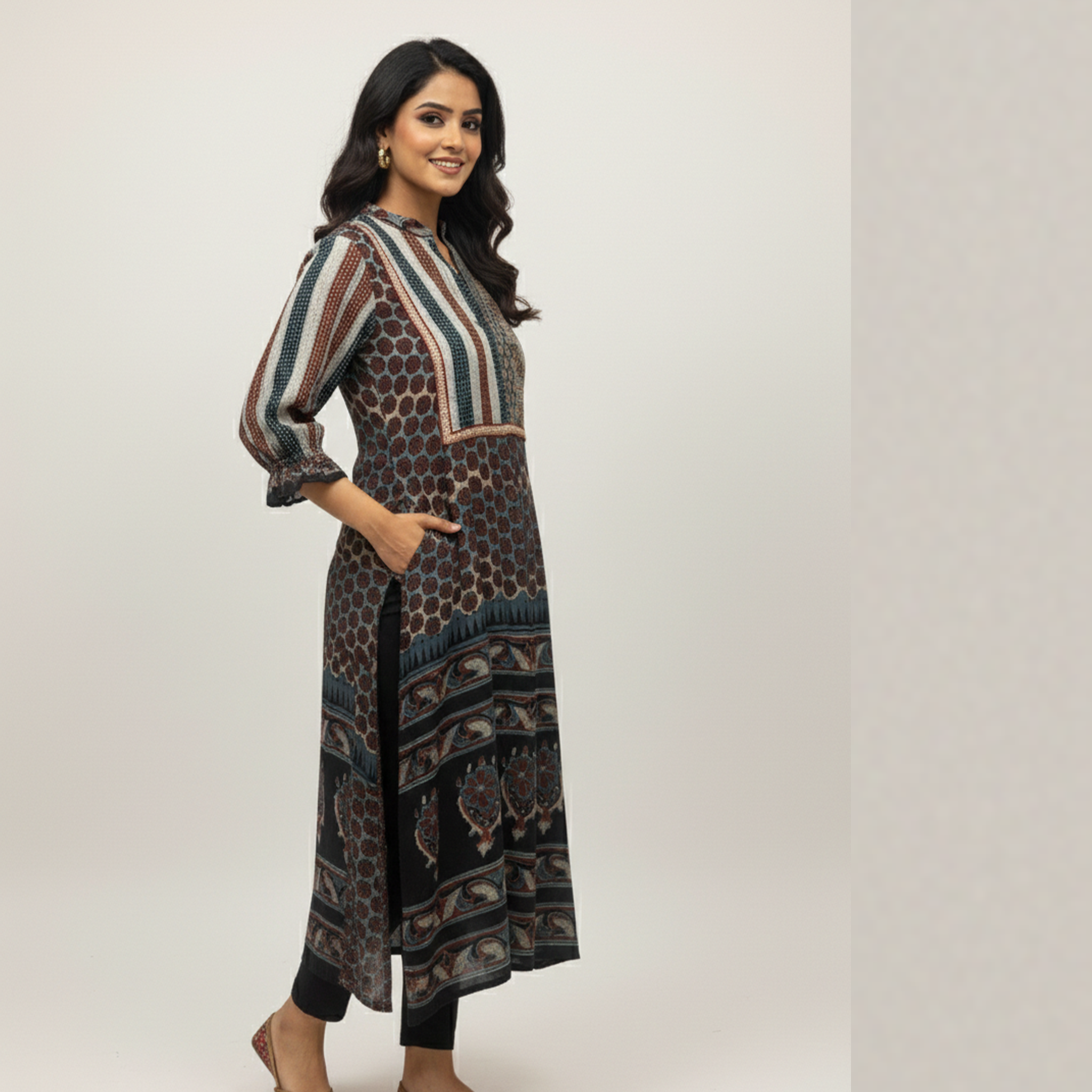 My Store Riva Ajrakh printed kurti in multicolor cotton fabric with elegant side pockets
