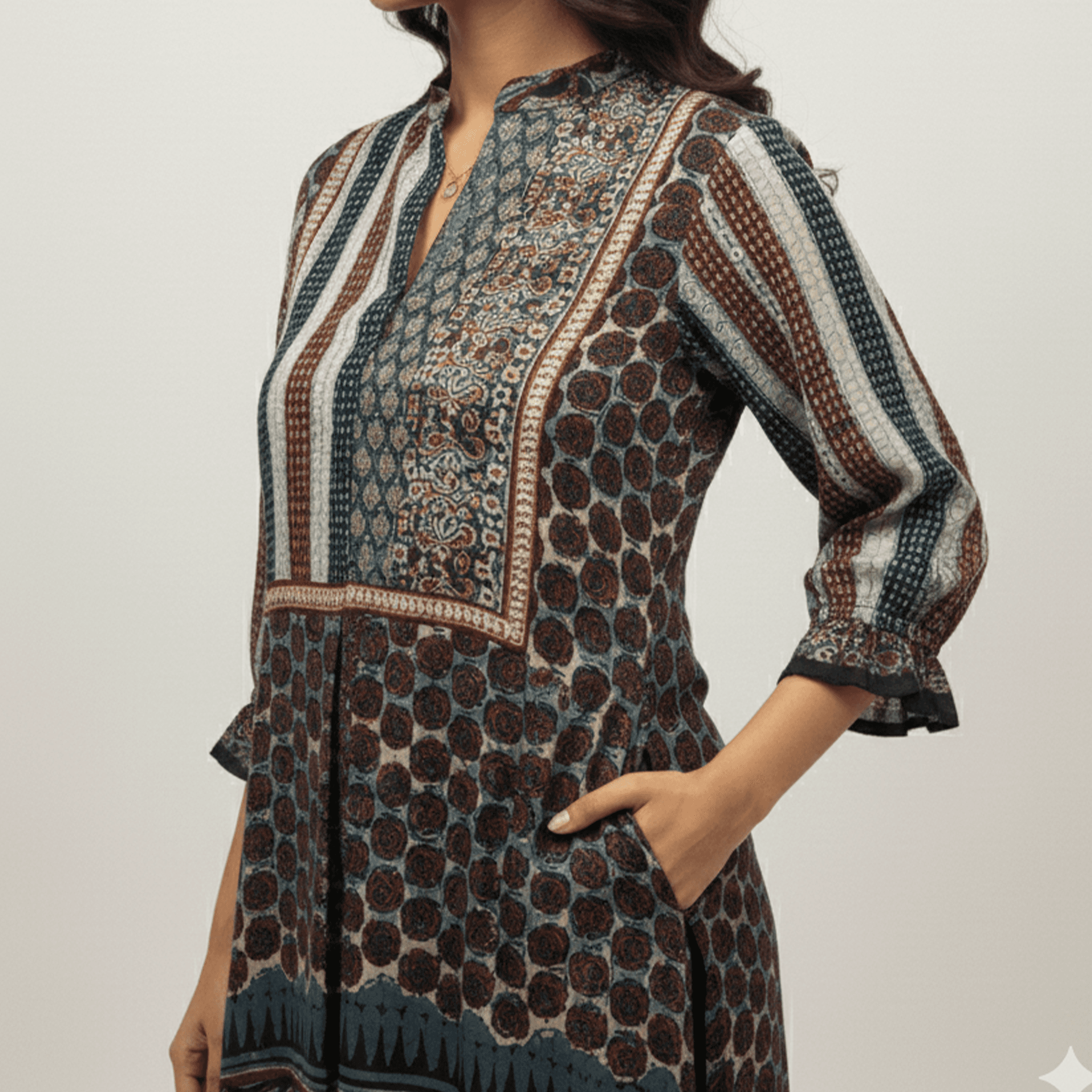 Riva Ajrakh printed kurti in earthy tones with a stylish collar, perfect for casual outings and festive occasions