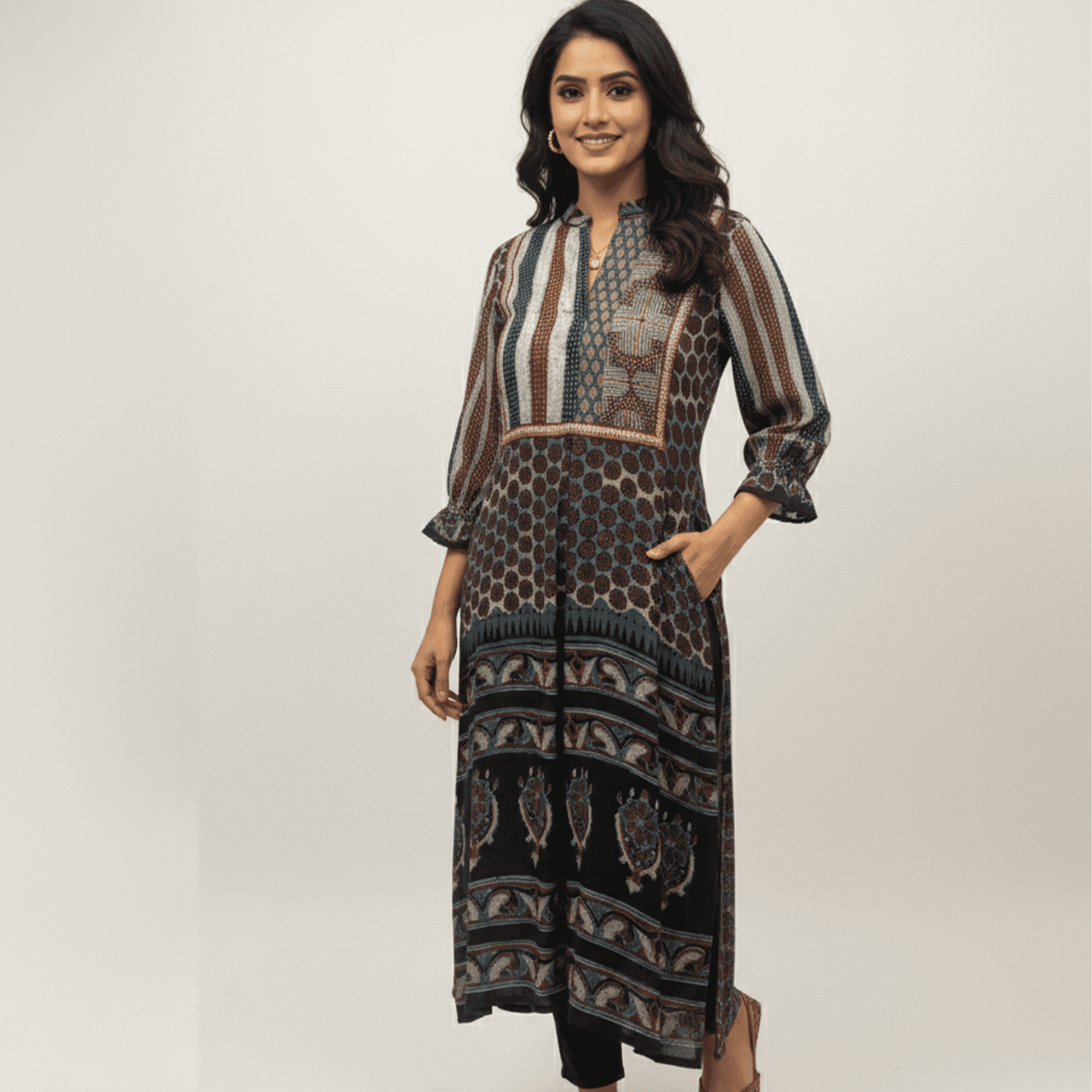Riva Ajrakh printed kurti in black with floral pattern, perfect for casual or festive occasions