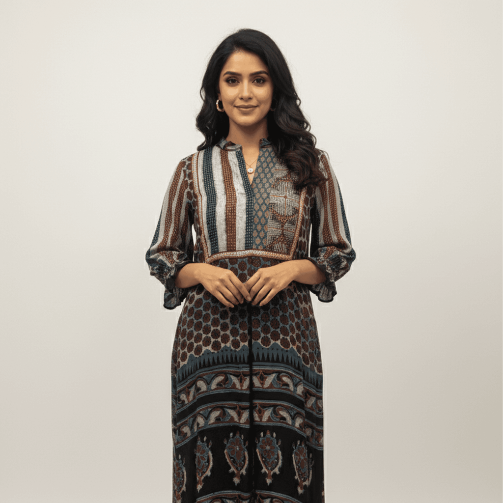 Riva Ajrakh printed kurti in earthy tones featuring floral patterns, perfect for festive occasions or Dubai outings.