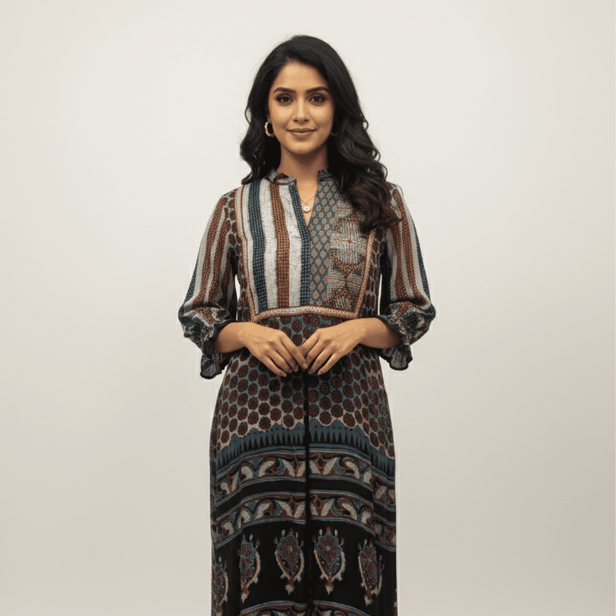 Riva Ajrakh printed kurti in earthy tones featuring floral patterns, perfect for festive occasions or Dubai outings.