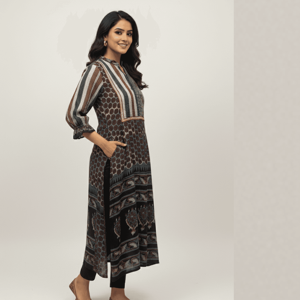 Riva Ajrakh printed kurti in black with intricate patterns, perfect for casual outings or Dubai occasions
