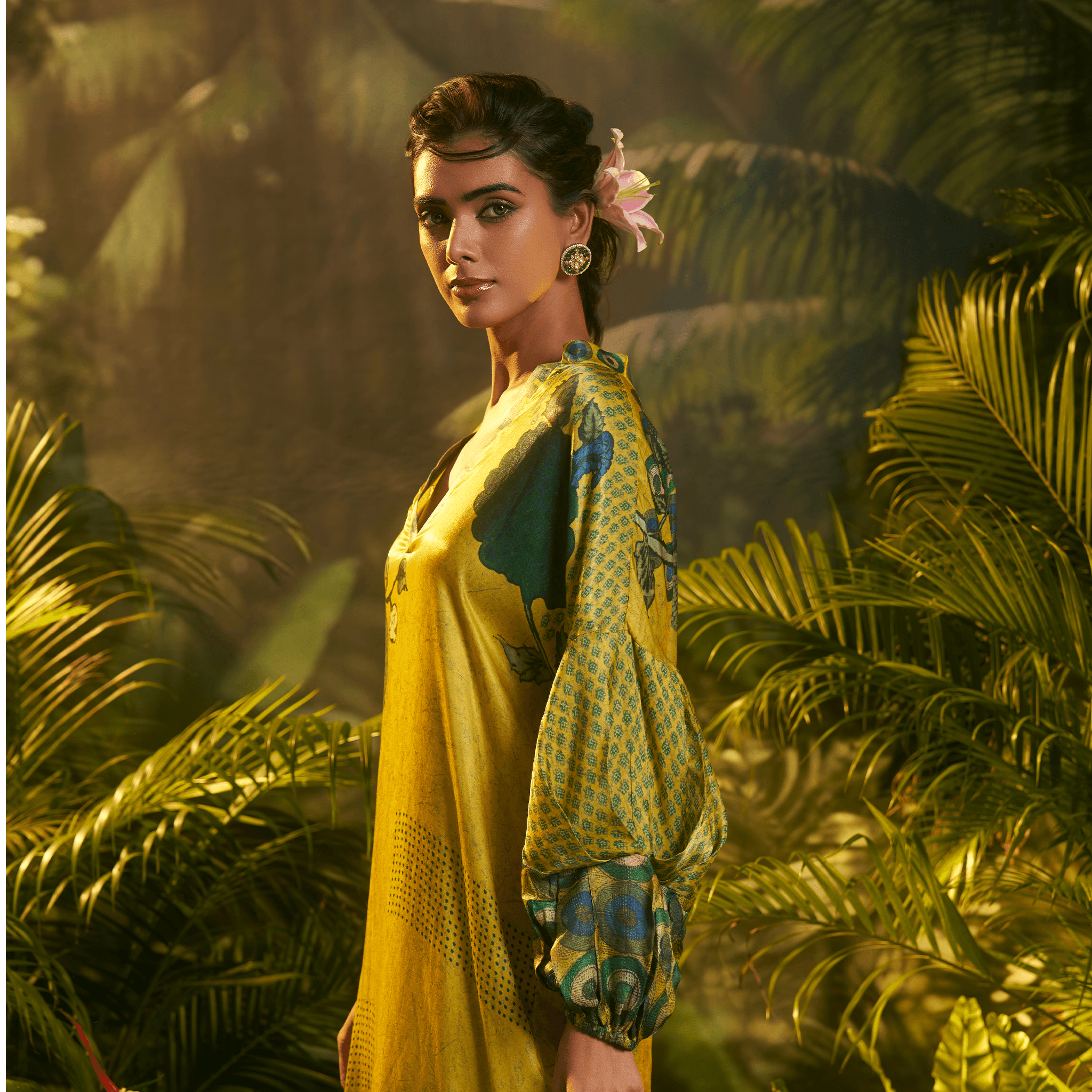 Elegant silk ajrakh kurta in vibrant yellow with intricate blue patterns, ideal for festive occasions or Dubai events