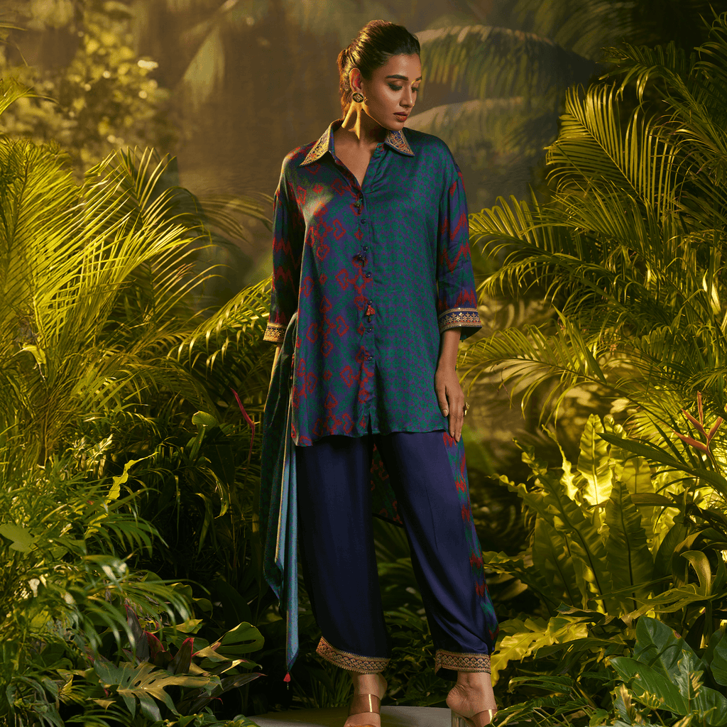 Stylish teal and navy kurta set with elegant prints and matchings for festive occasions