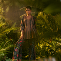 Natasha Mehta Midnight Bloom Peplum Ensemble in Dark Floral Print with Flared Pants and V-Neck Design