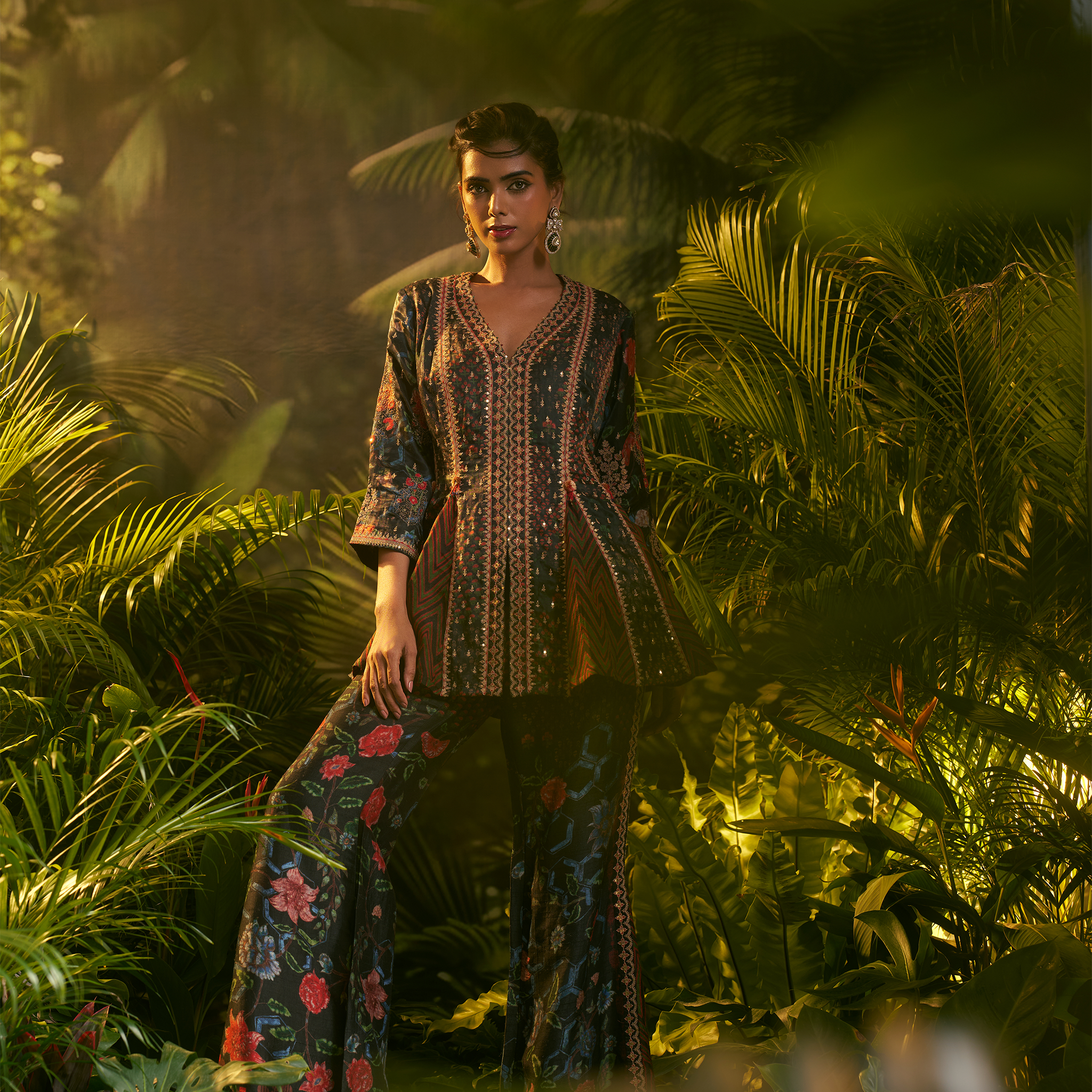 Natasha Mehta Midnight Bloom Peplum Ensemble in Dark Floral Print with Flared Pants and V-Neck Design