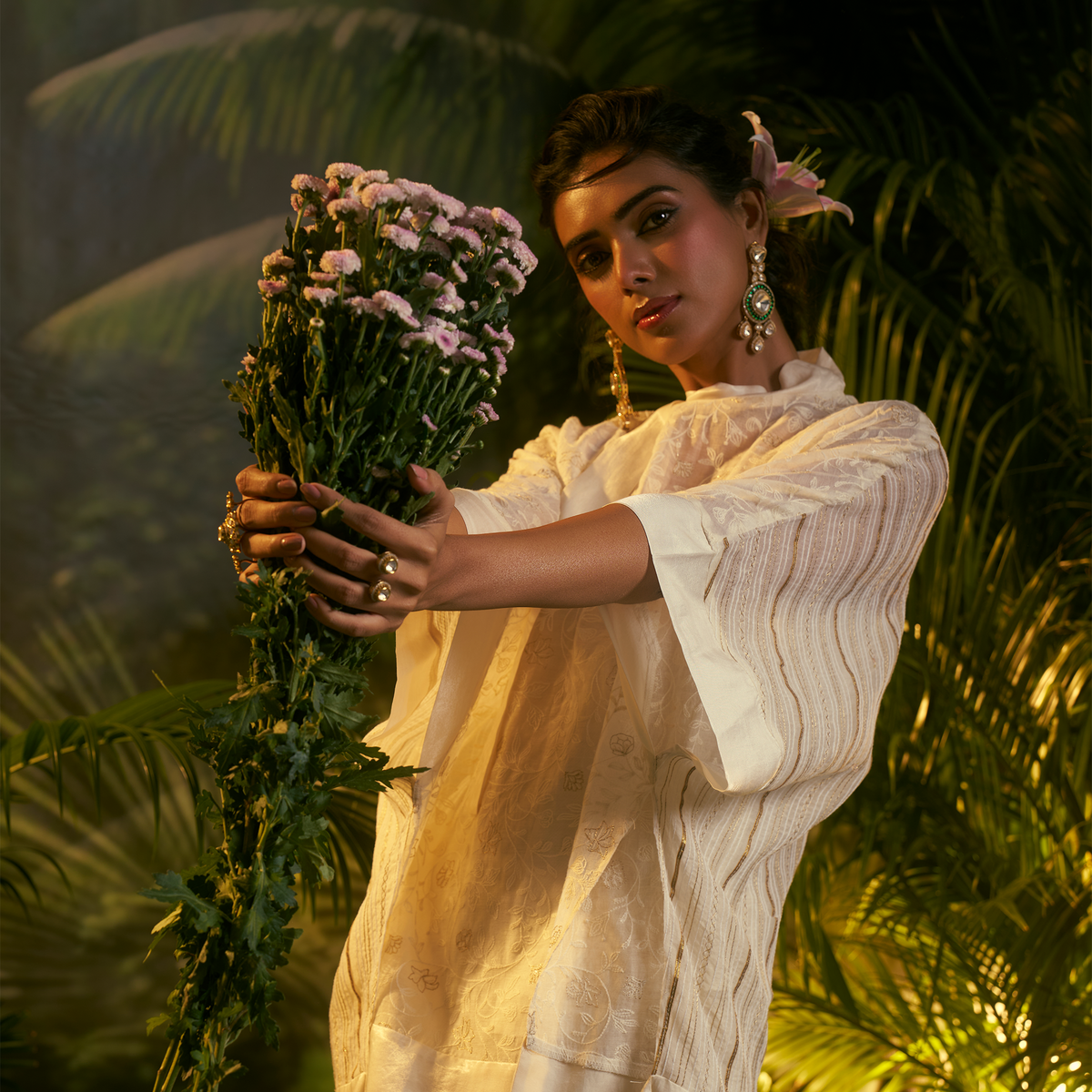 Elegant women's fusion fashion kaftan in cream with intricate patterns, perfect for Dubai events or casual wear