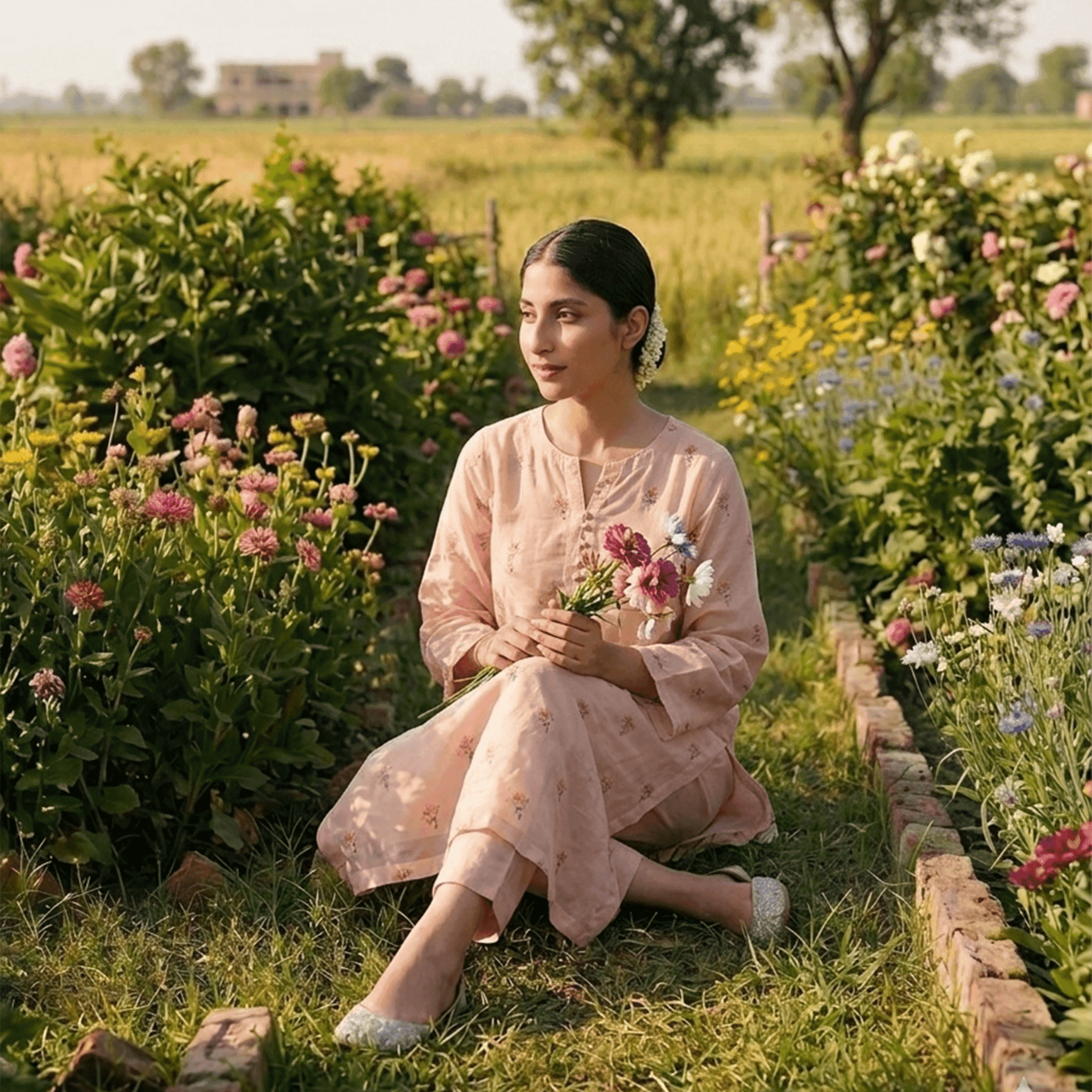 Elegant women's salwar kurta in soft pink with floral patterns, perfect for casual outings or Dubai events