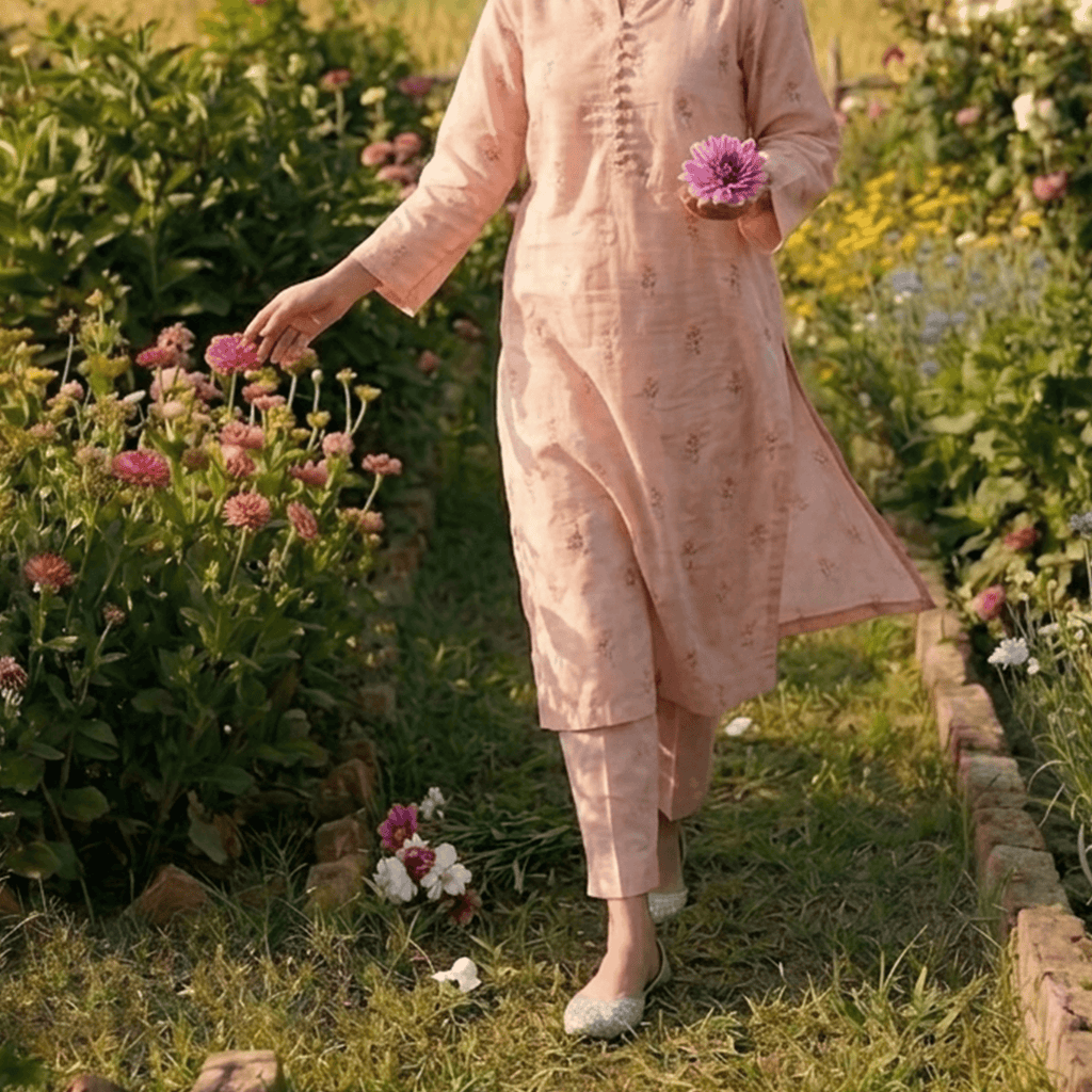 Pink floral women's salwar kurta set in lightweight fabric, perfect for casual outings and summer events