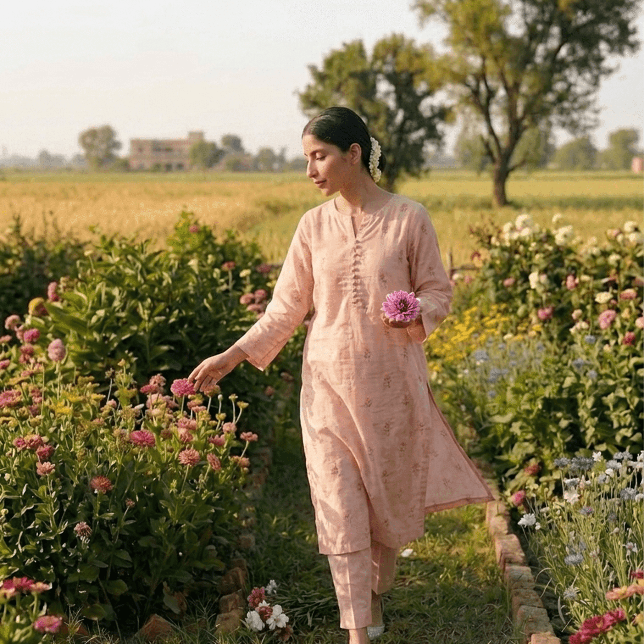 Pink floral women's salwar kurta made from lightweight fabric, perfect for casual outings or festivals