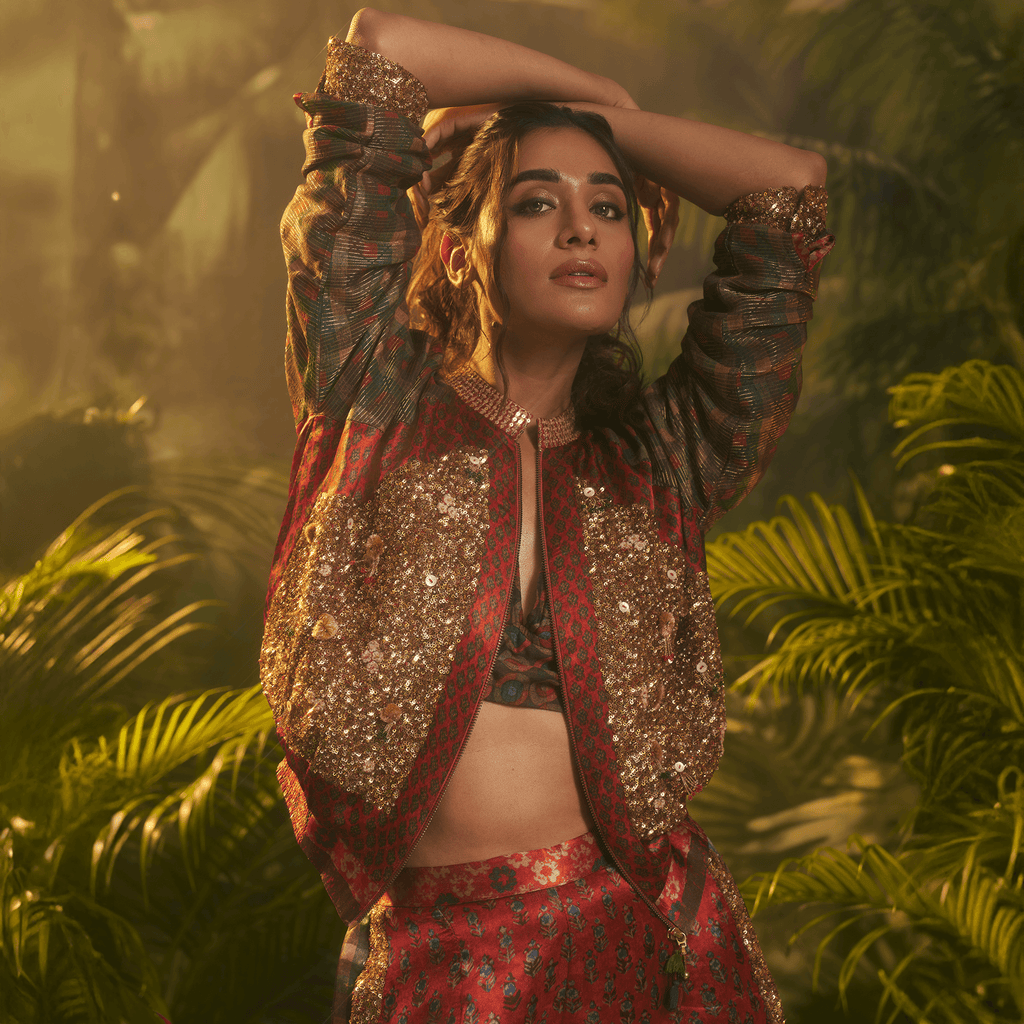 Women's statement bomber jacket India with intricate embroidery and a stylish design, perfect for fashionable outings